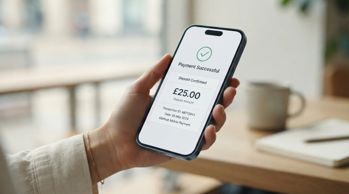 Hand holding a phone at a cashier showing a small pay-by-mobile deposit confirmation