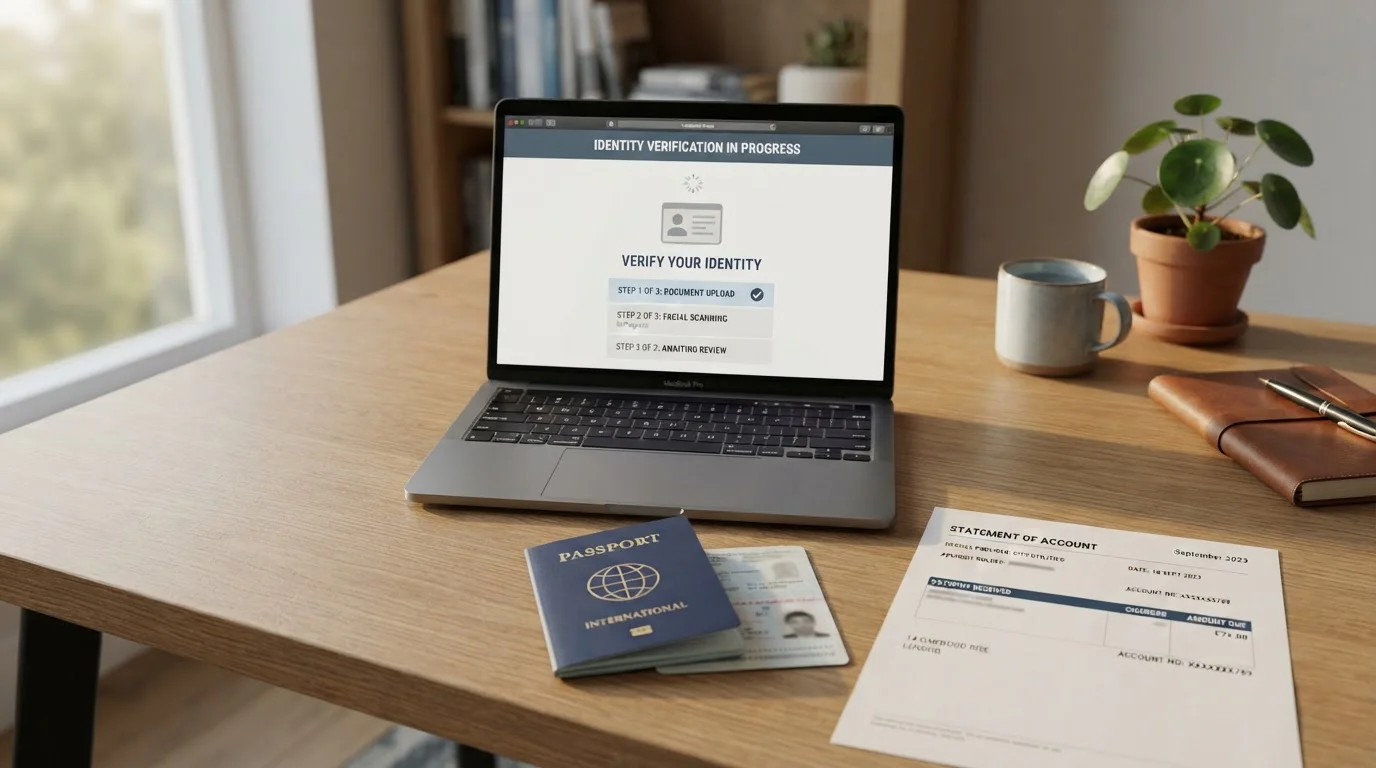 Desk with a passport, a utility bill and a laptop showing an identity verification step before a casino deposit