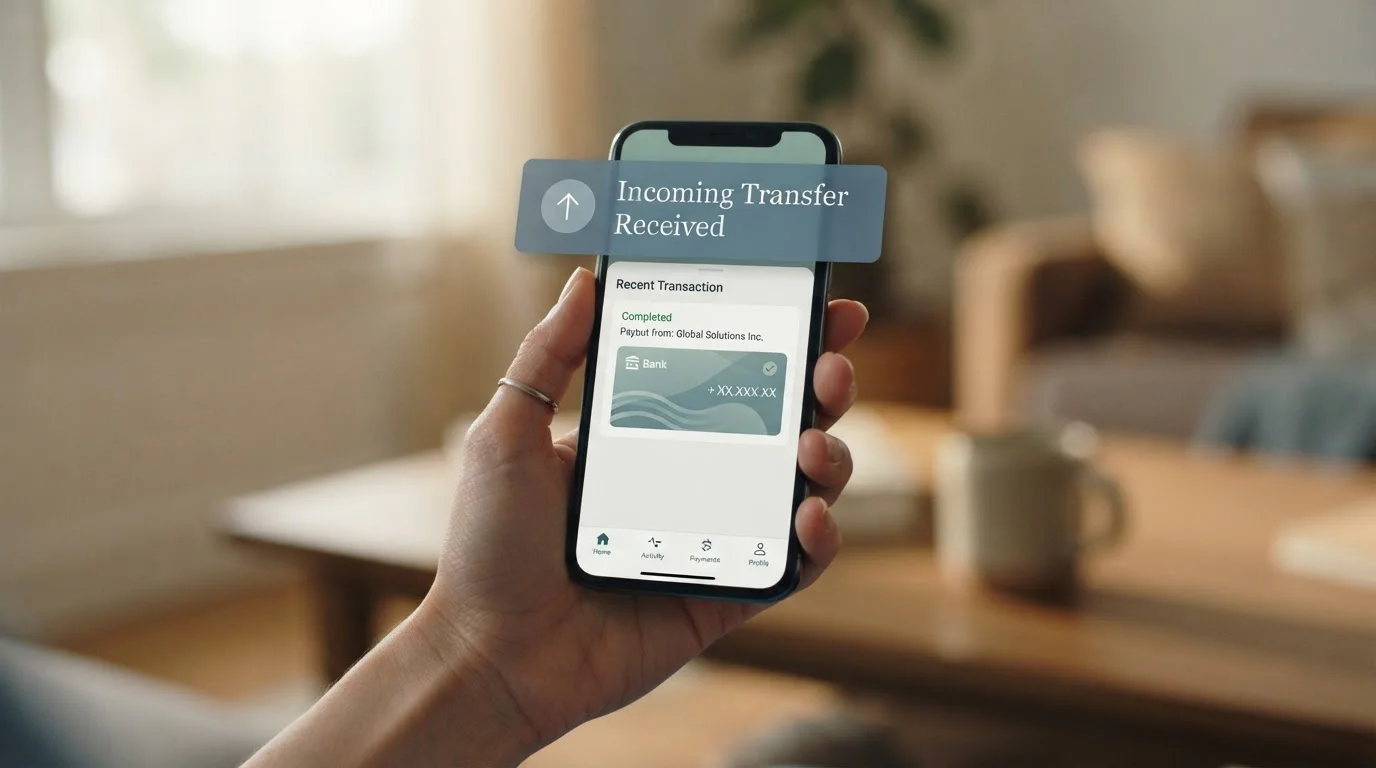 Smartphone banking app showing an incoming transfer from a casino to a personal bank account