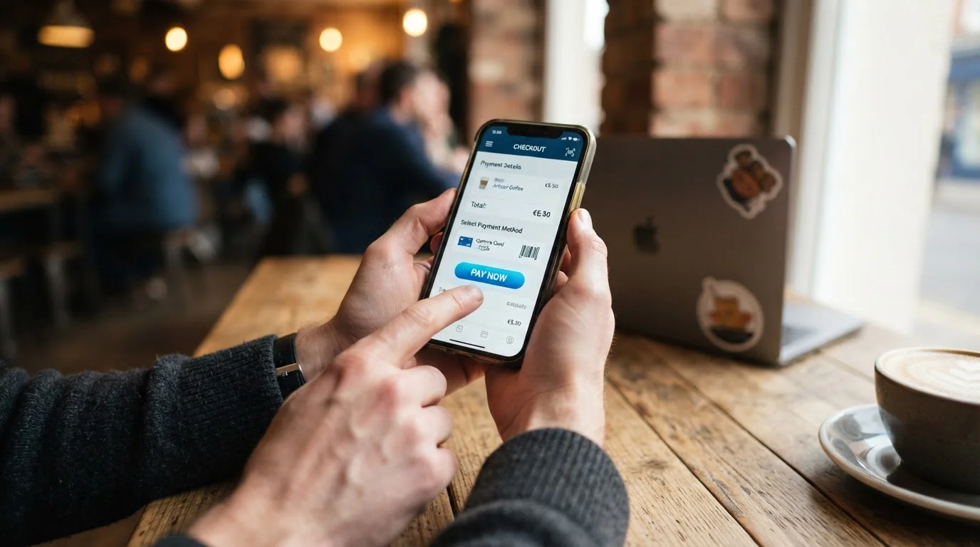Person using smartphone with e-wallet app for casino deposit