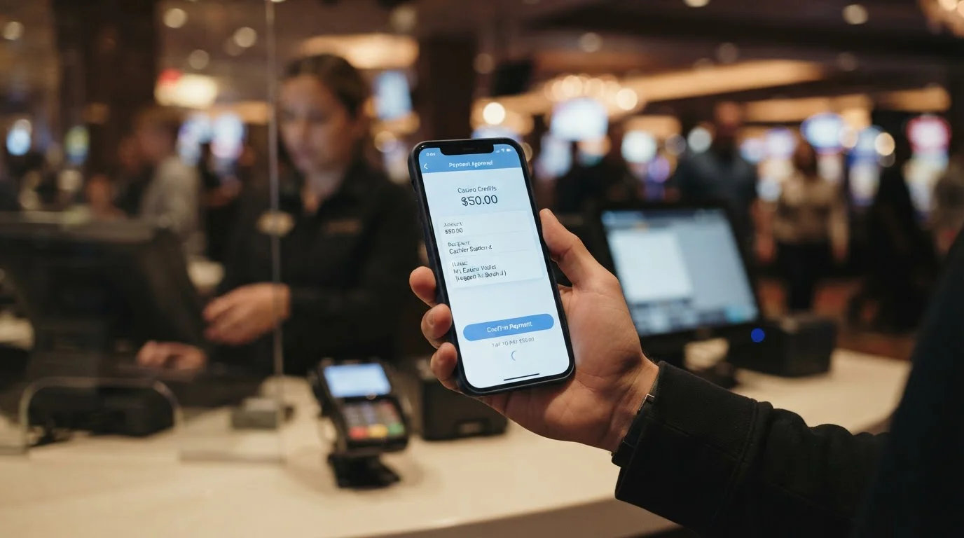 Hand holding a phone at a casino banking screen with PayPal selected and a confirm button