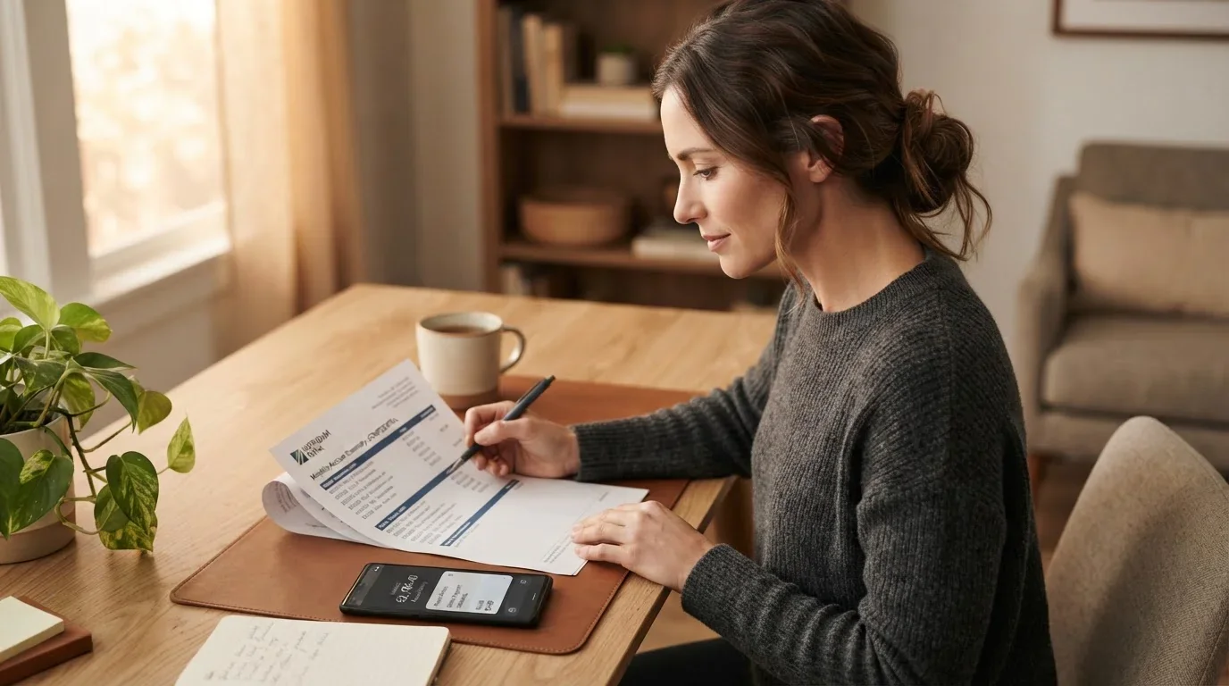 Person at a tidy desk reviewing a printed account statement beside a phone showing a payment app