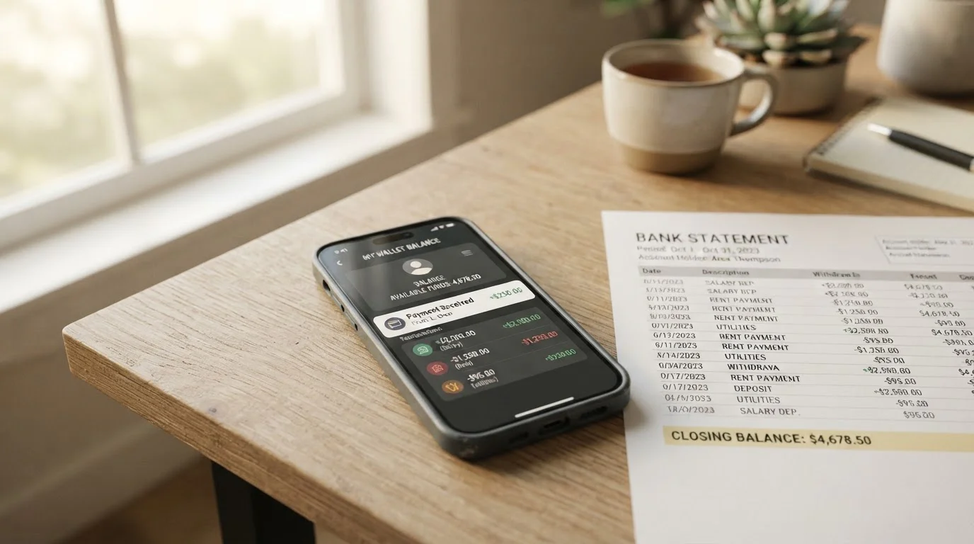Phone showing a PayPal balance with an incoming casino payout notification beside a bank statement