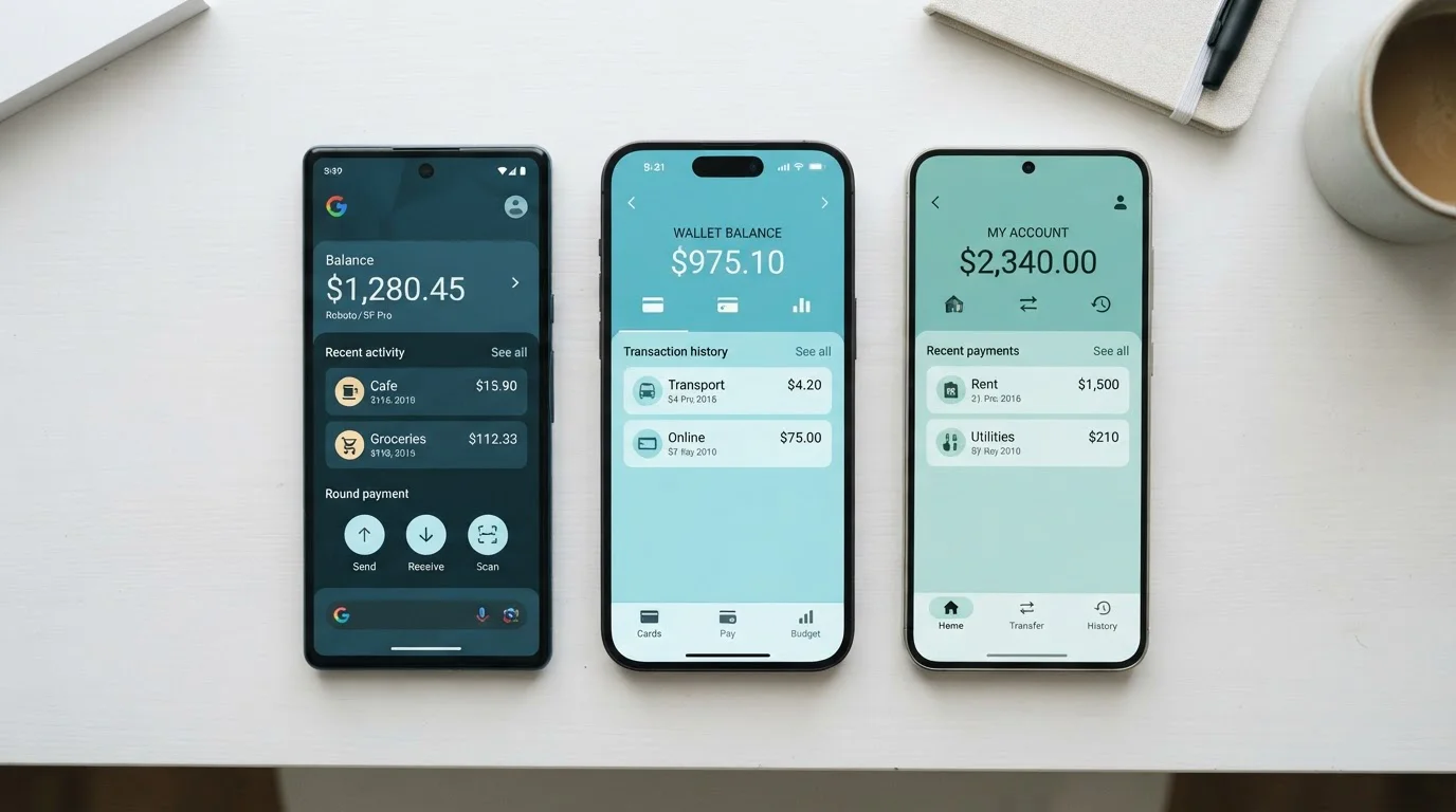 Three smartphone screens showing different e-wallet app interfaces side by side