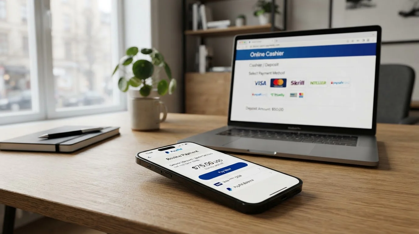PayPal logo on smartphone screen with casino payment interface