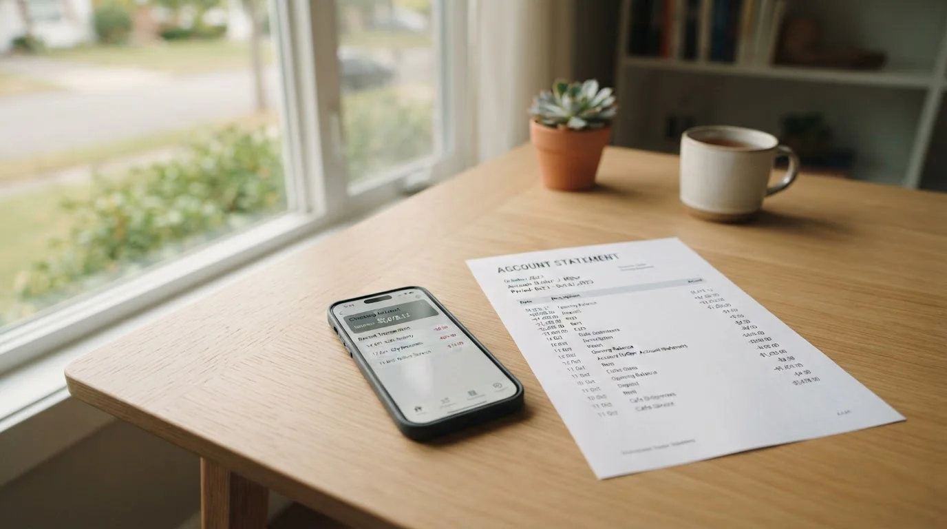 Smartphone and a bank statement on a desk showing an incoming casino payout to a bank account