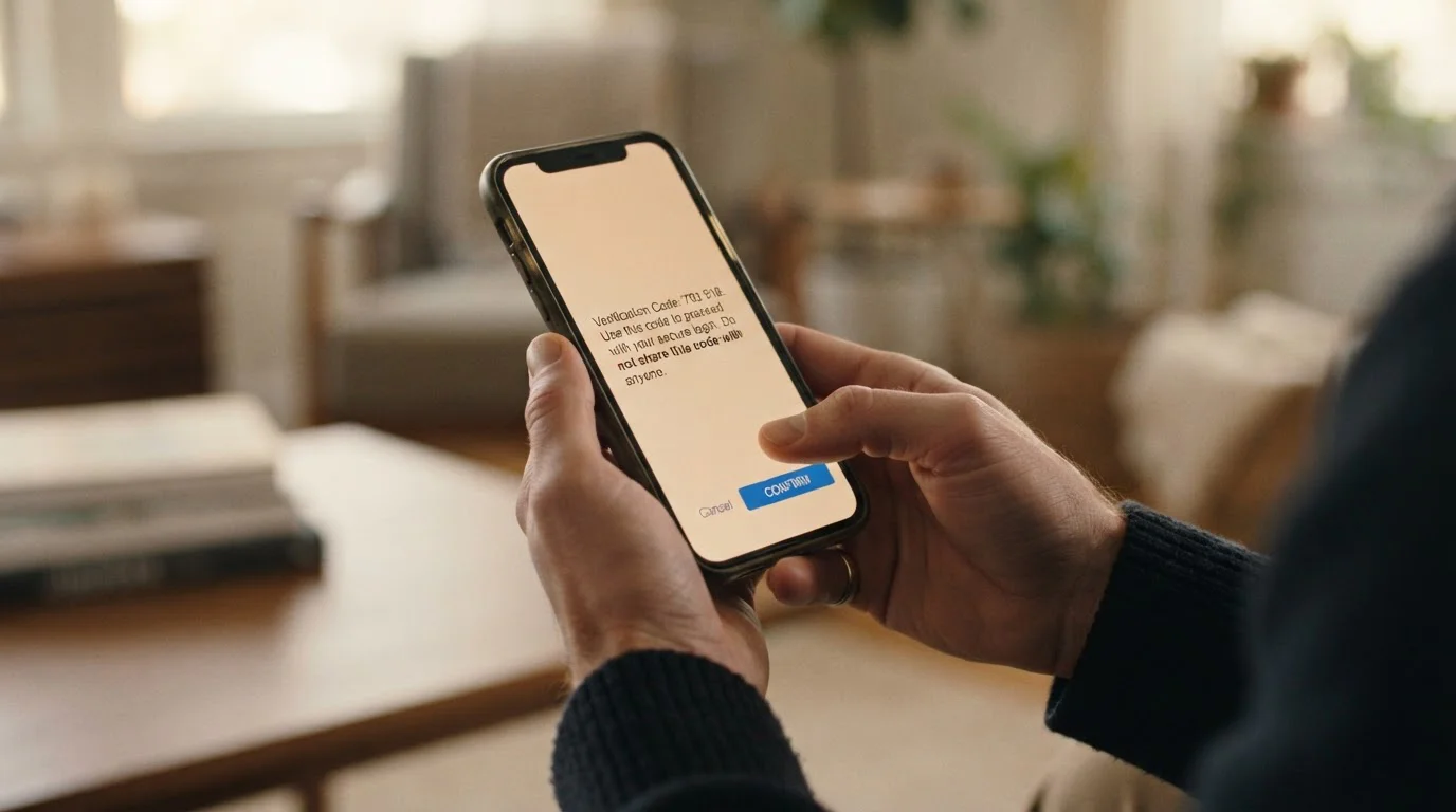 Person confirming a one-time SMS code on a phone to deposit with phone credit