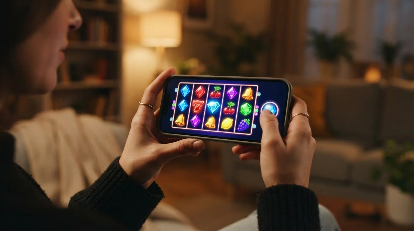 Slots reels on a mobile screen funded from phone credit at a UK casino