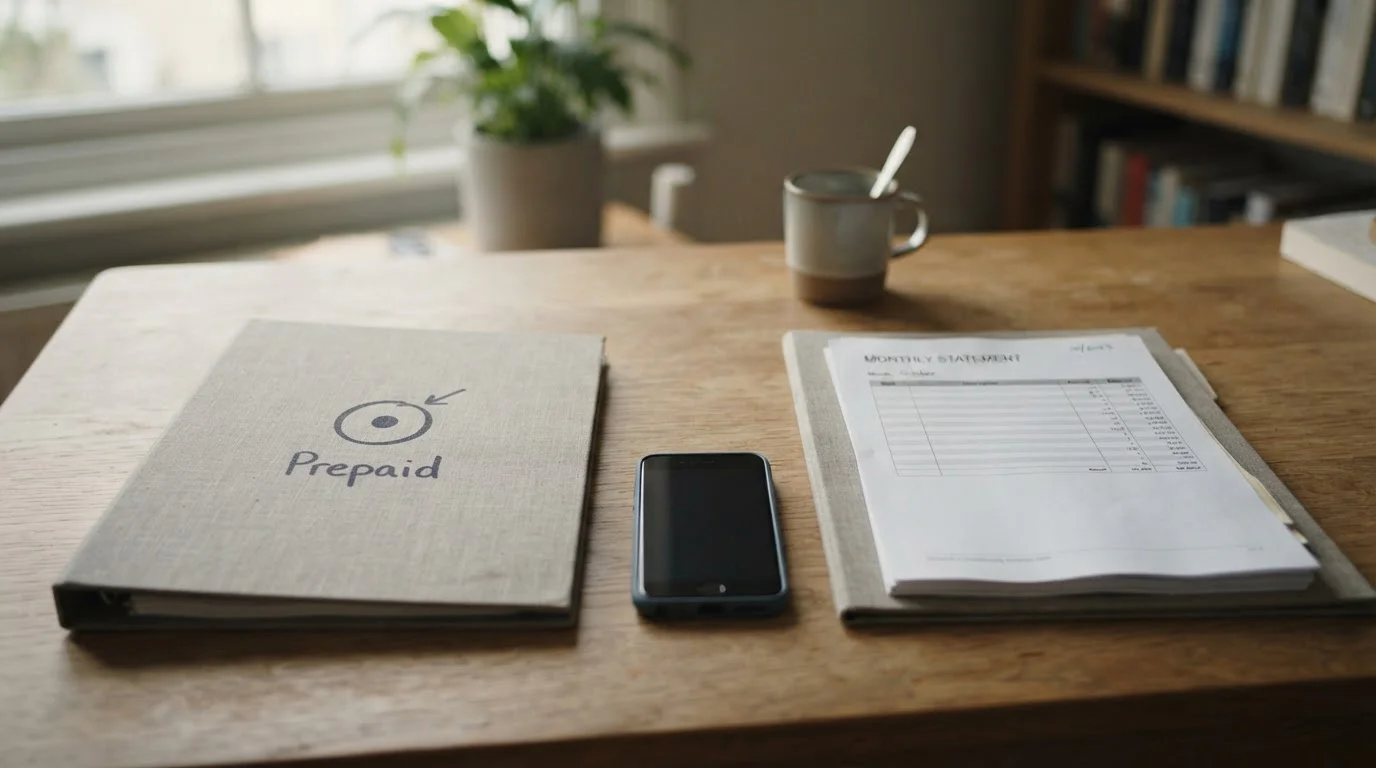 Two neutral folders representing prepaid credit and a monthly contract bill side by side on a desk