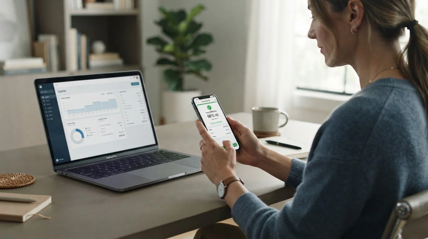 Person checking a phone banking app showing a completed casino withdrawal at a tidy desk