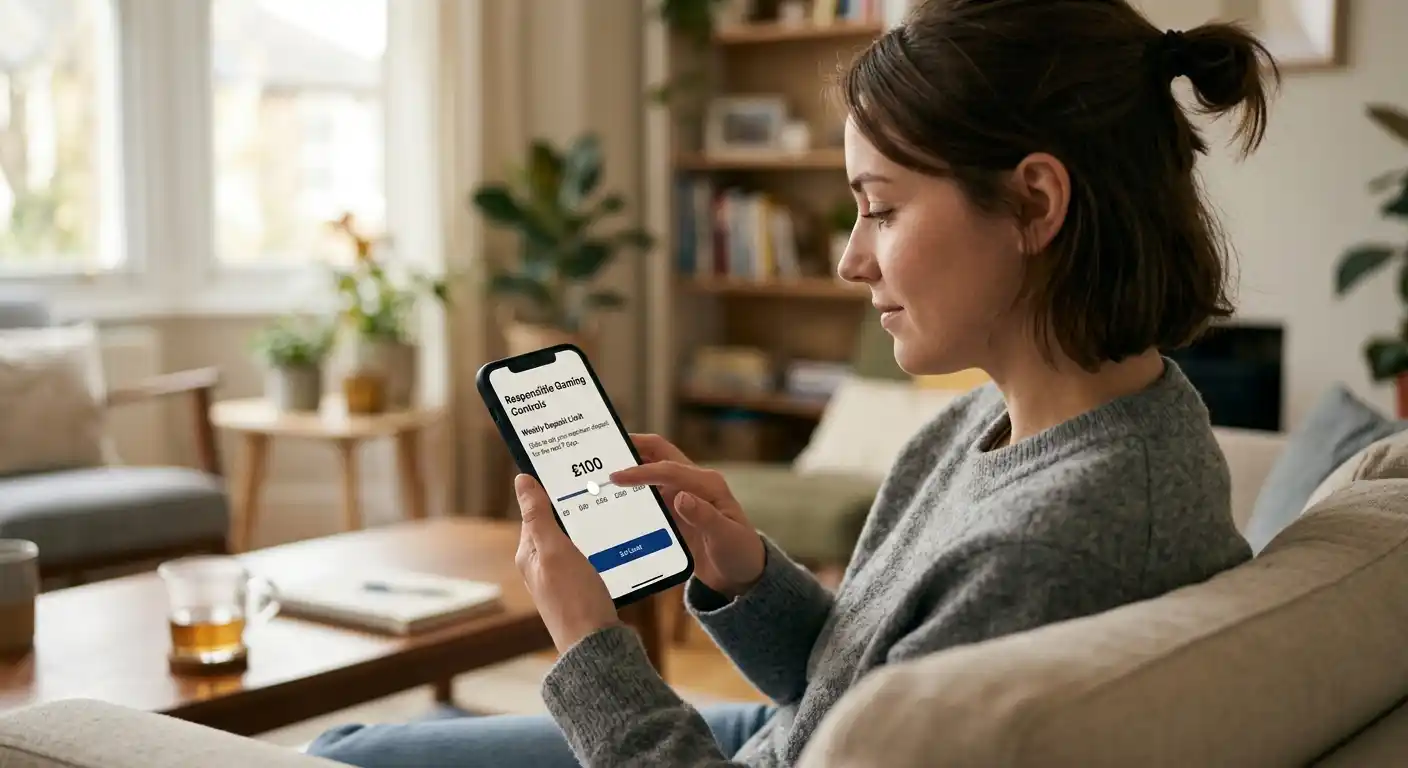 Person setting a weekly deposit limit on a phone showing a responsible-gambling control screen