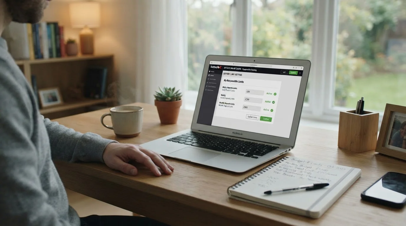 Desk with laptop showing responsible gambling tools and deposit limit settings