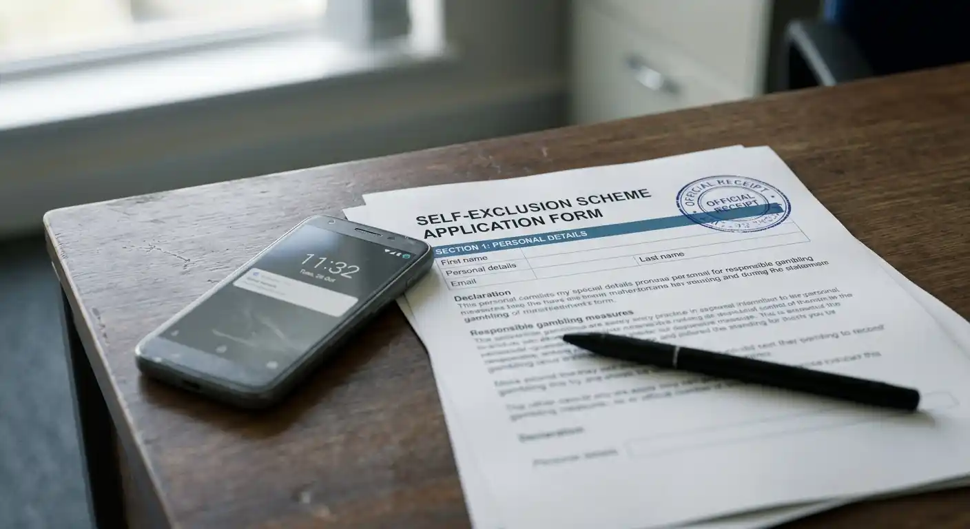 Official self-exclusion and regulatory paperwork on a desk beside a basic phone