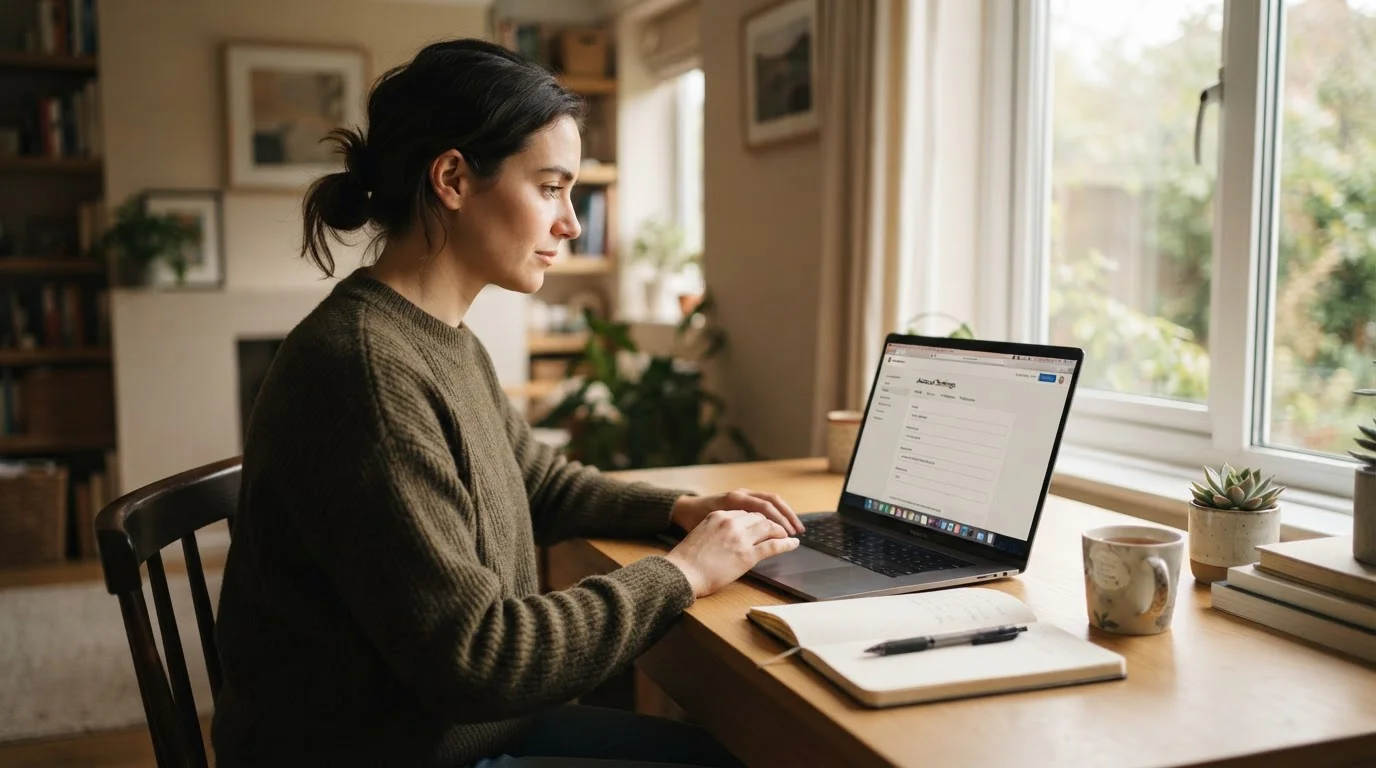 Person at a tidy desk reviewing account settings on a laptop with a notebook and pen beside it