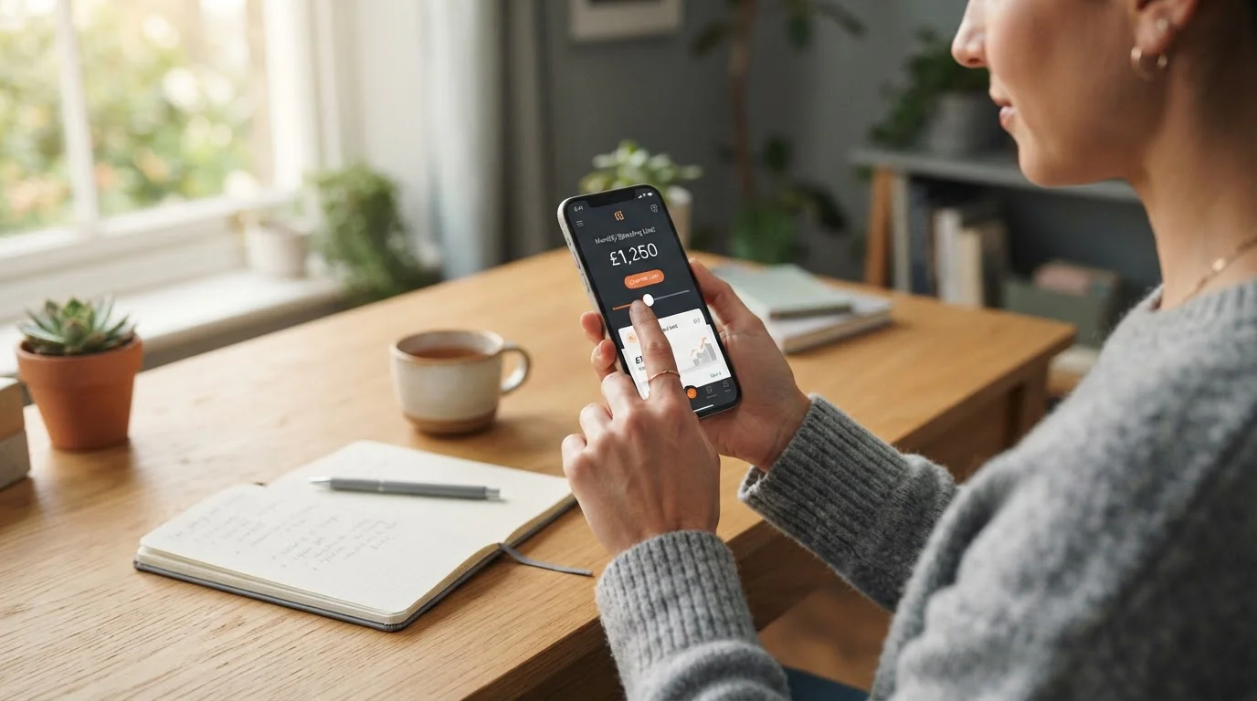 Person setting a deposit limit on a banking-style app screen with a calm desk around them