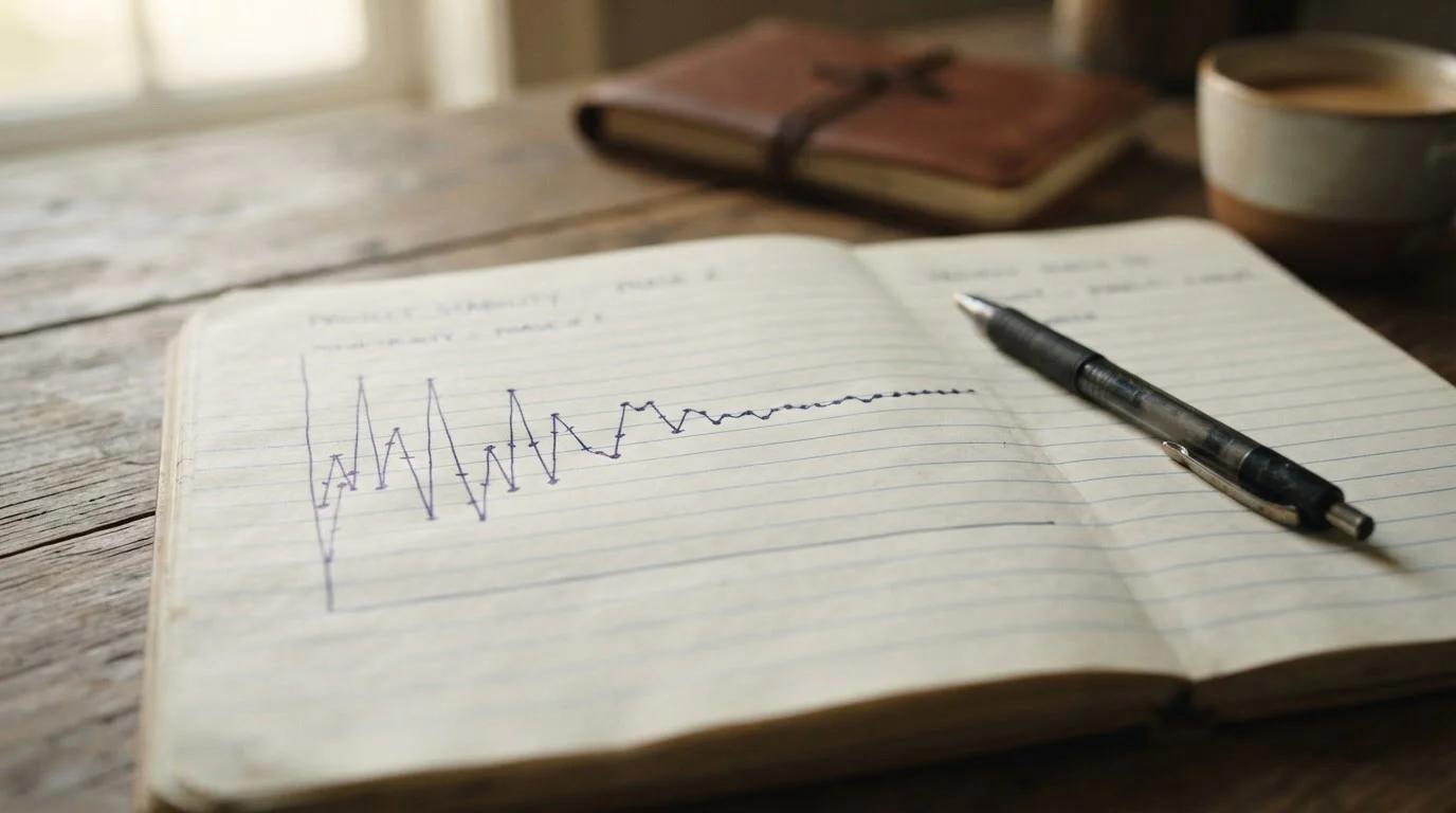 Notebook page with a hand-drawn line settling toward a horizontal average over many points