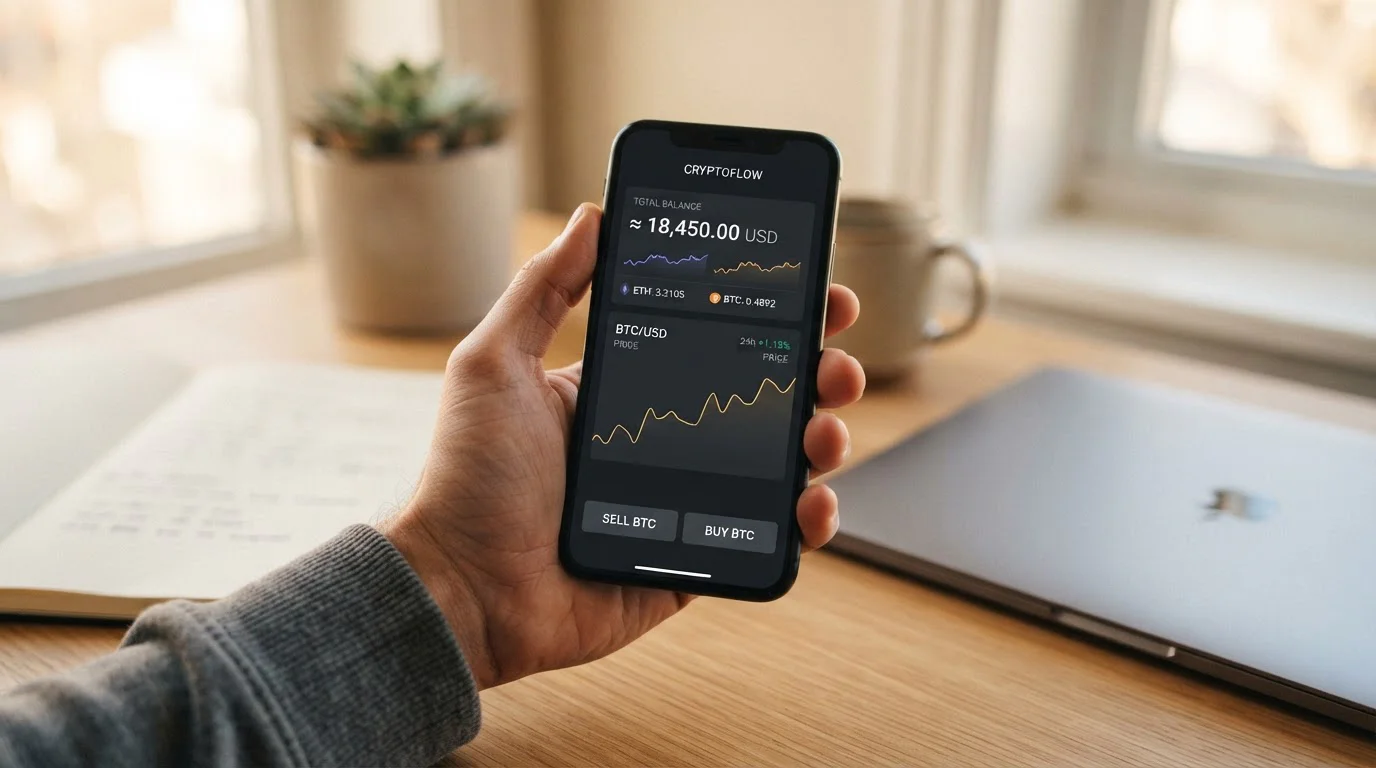 Hand holding a phone showing an exchange app selling XRP for pounds