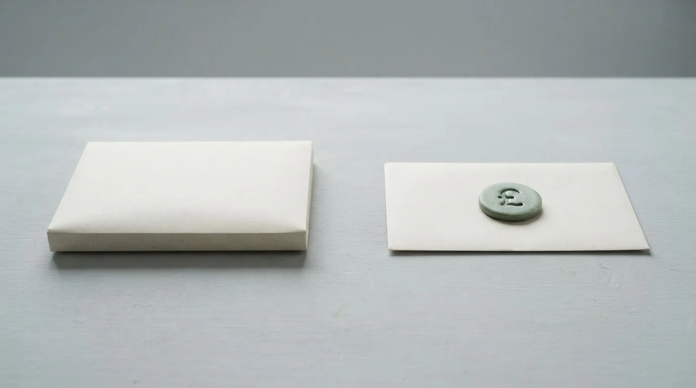 Two separate paper envelopes on a desk with a token marked with a pound symbol