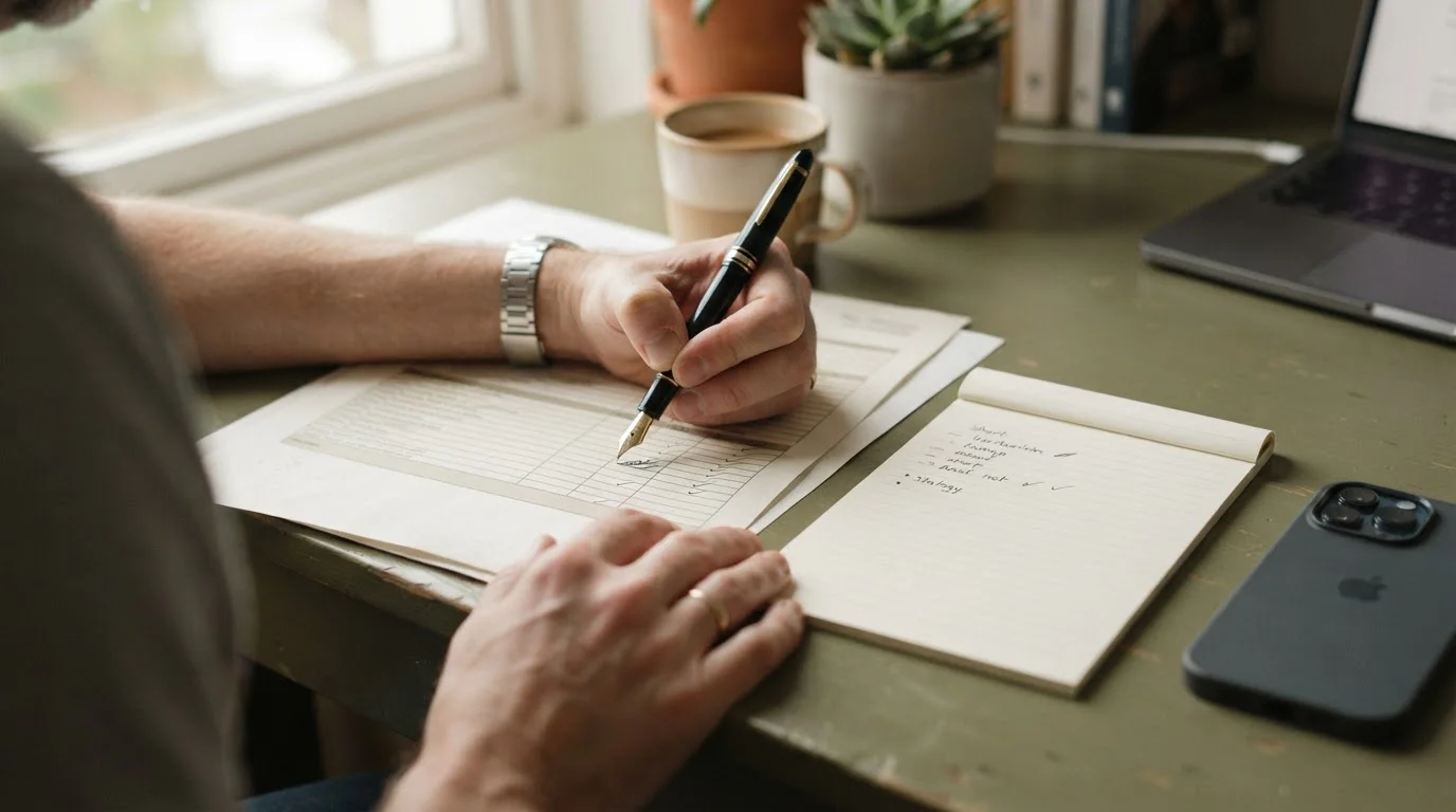 Fee schedule on paper being checked line by line with a pen and notepad