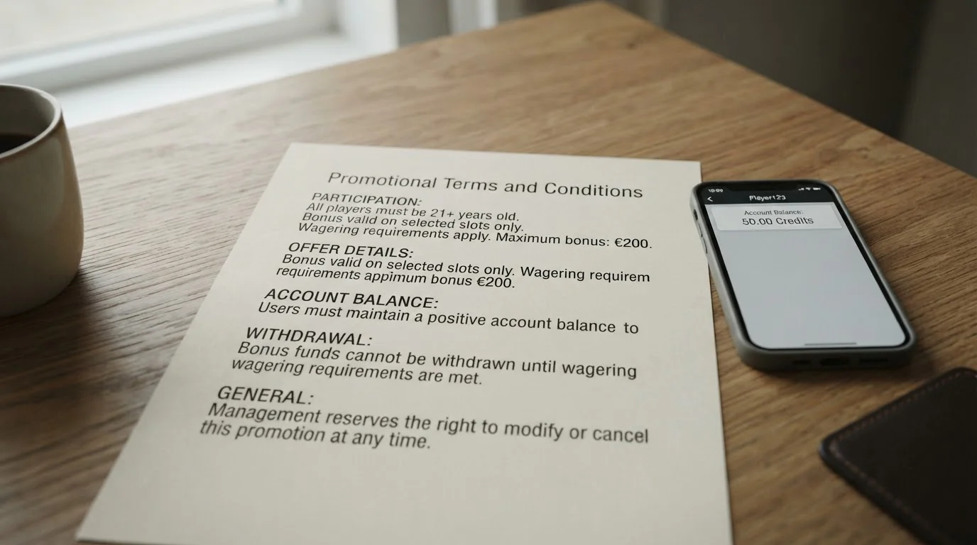 A printed promotional terms sheet on a desk beside a phone showing a casino balance, calm neutral lighting
