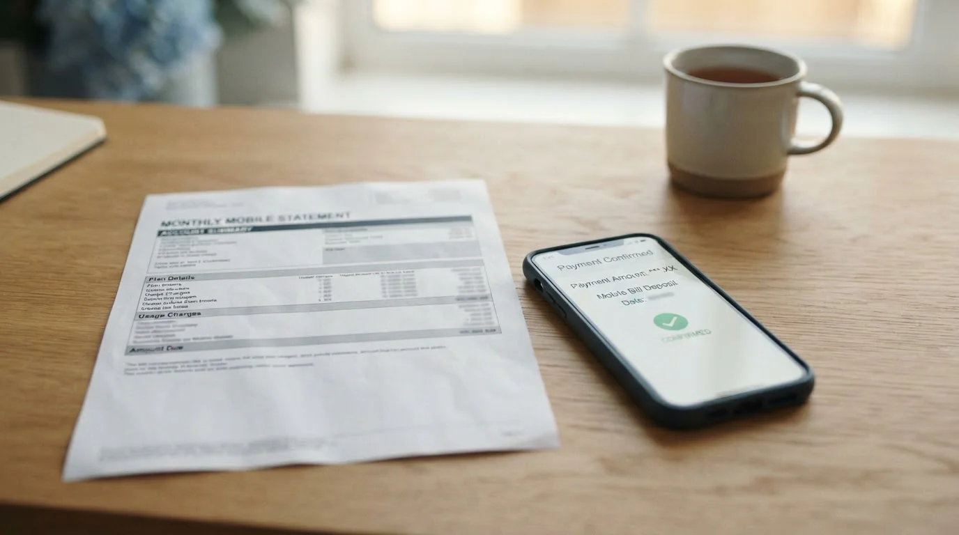 Close-up of a phone bill statement beside a mobile handset showing a small deposit confirmation
