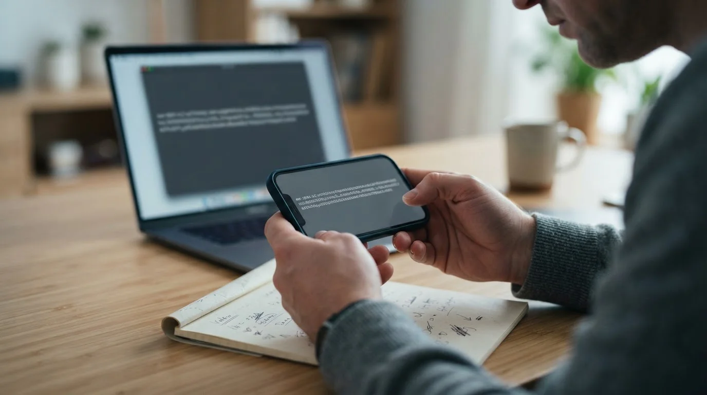 Hands holding a phone showing a wallet address being checked against a laptop screen