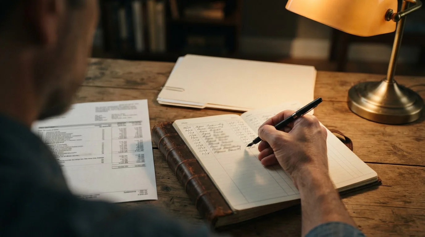 Person writing transaction dates in a notebook beside a printed exchange statement