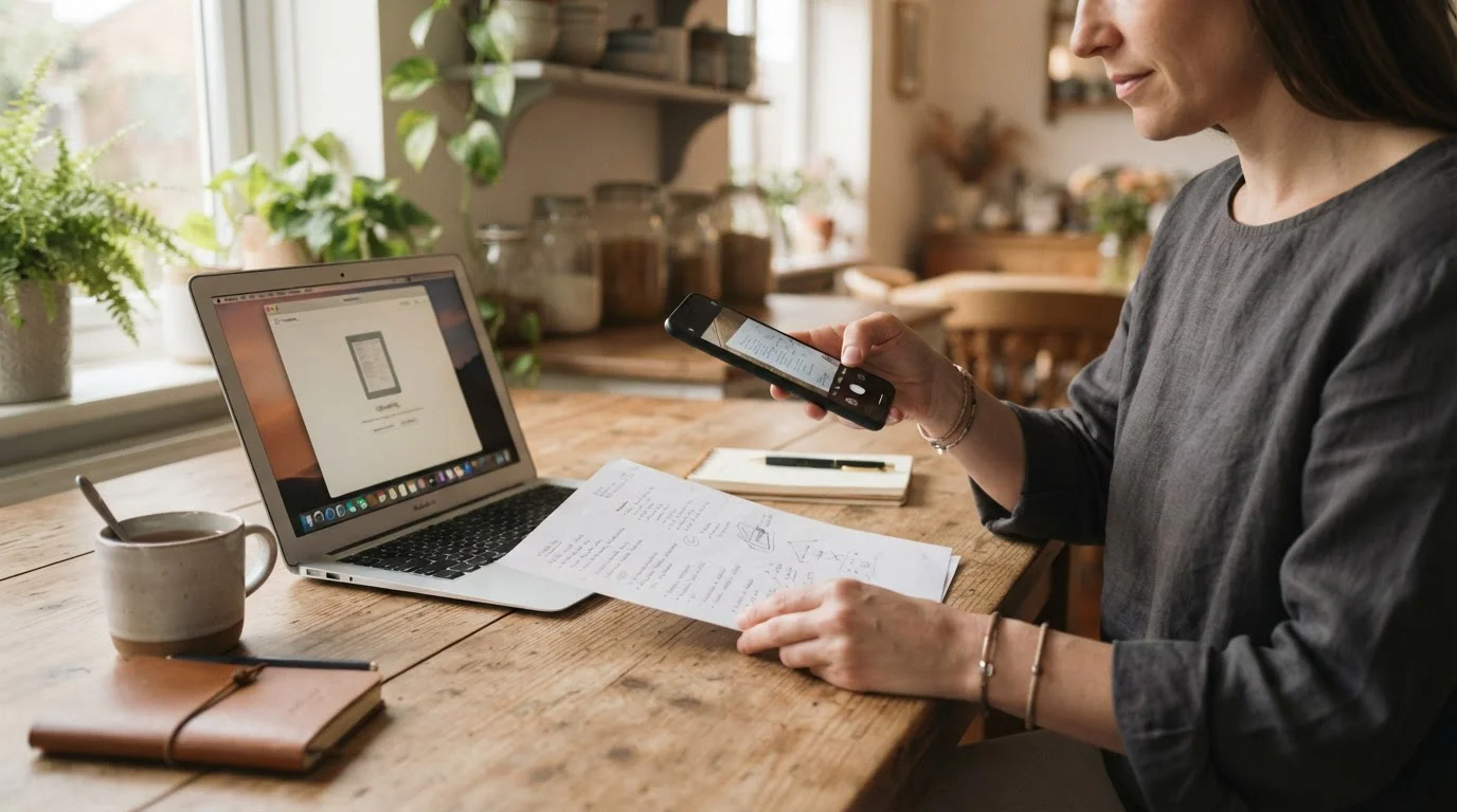 A person at a kitchen table uploading documents from a phone to a laptop in calm daylight