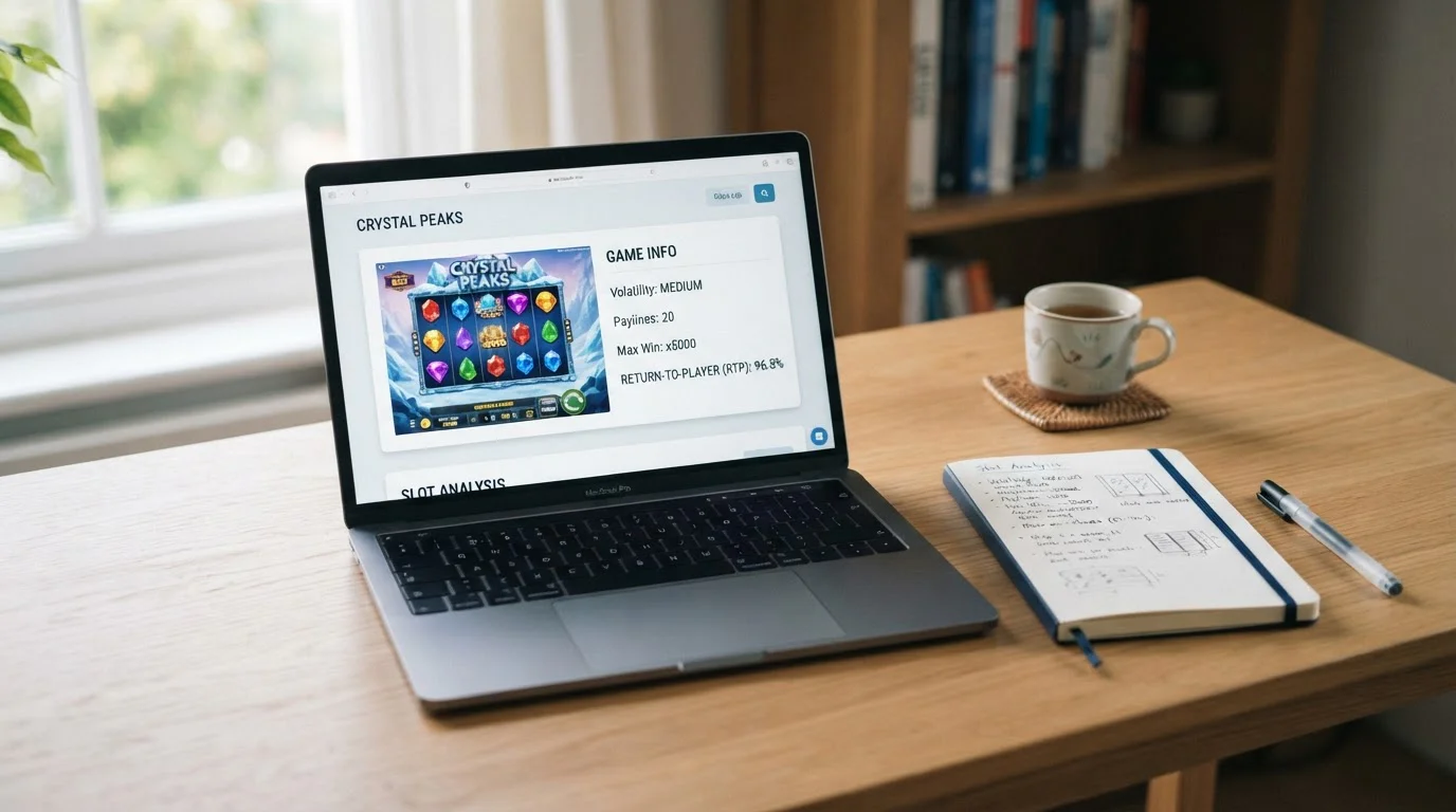Open laptop showing an online slot information panel with return-to-player percentage displayed