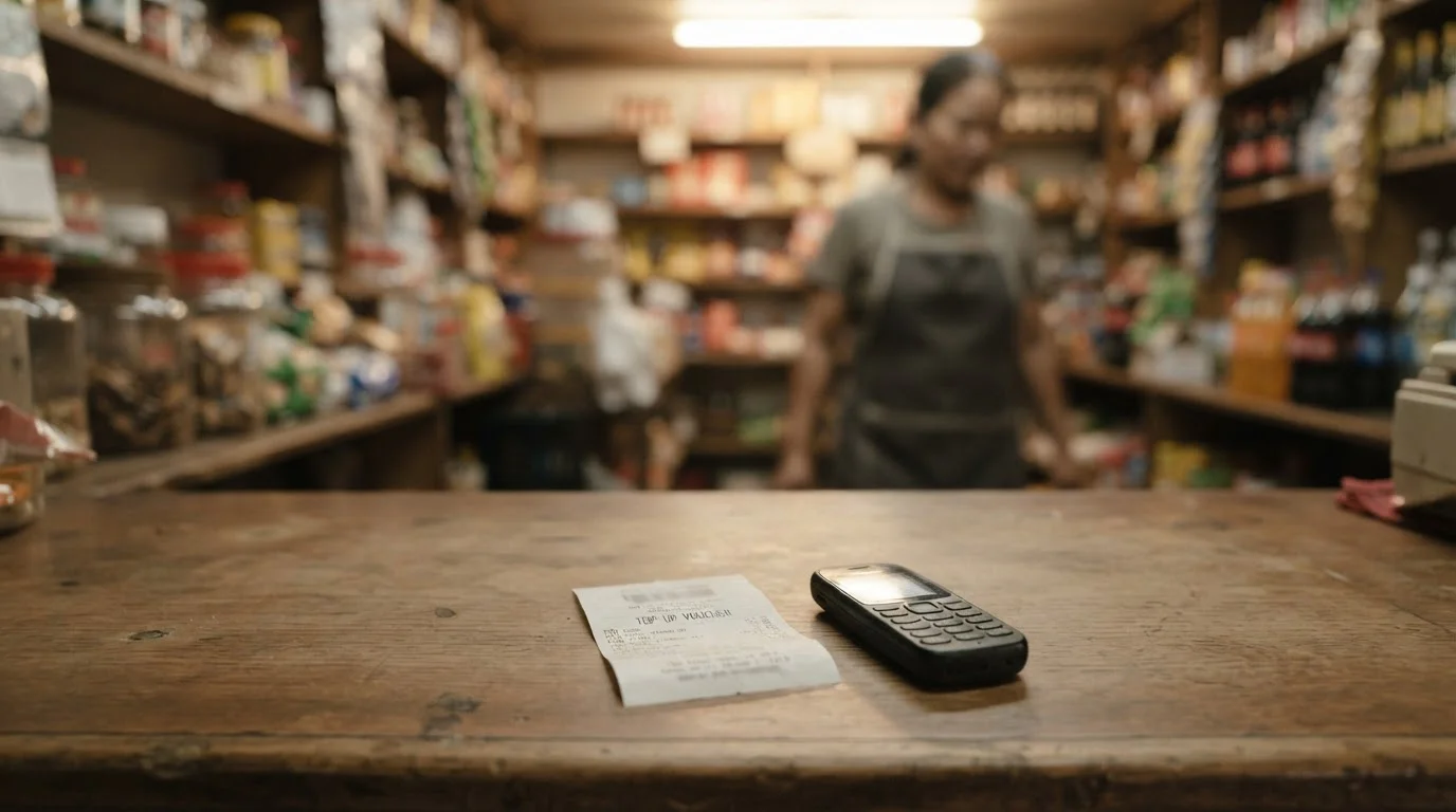 Shop counter scene with a top-up voucher receipt and a basic phone