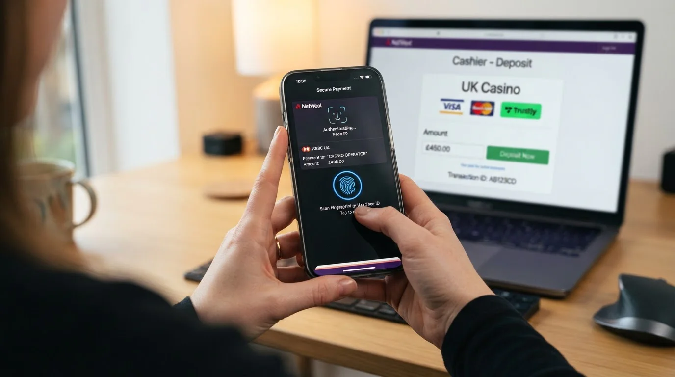 Person using mobile banking app with fingerprint authentication for casino deposit