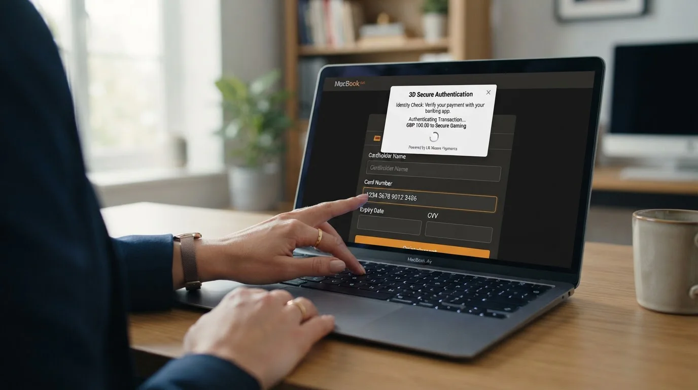 Person completing secure debit card deposit at UK online casino
