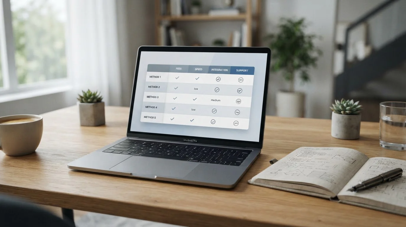 Laptop showing a table of UK casino payment options with a notebook alongside