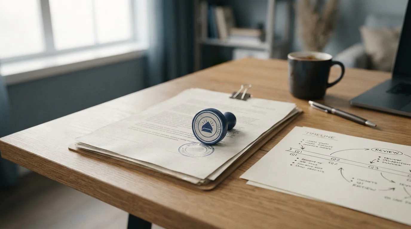 Official-looking policy document on a desk beside a calm timeline sketch on paper