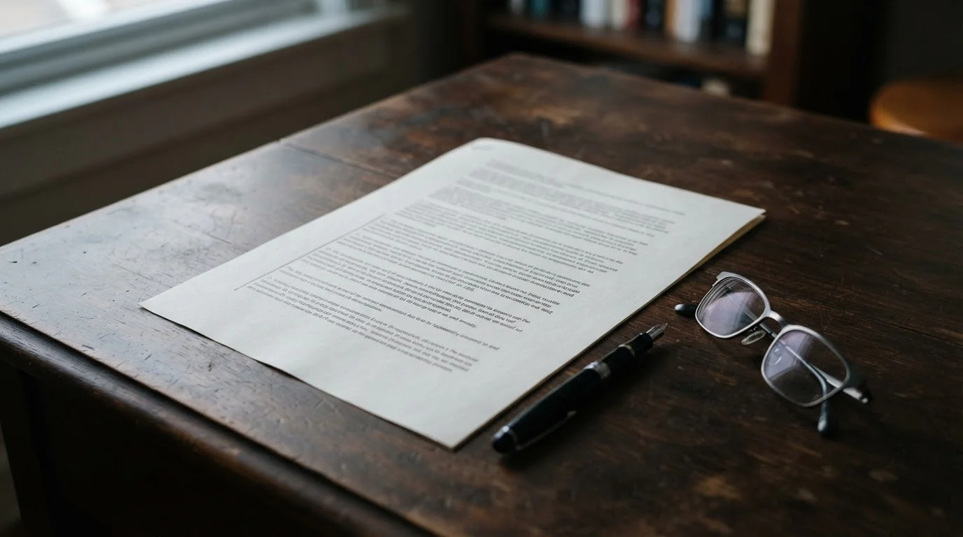 Printed licence condition document on a desk with reading glasses and a pen