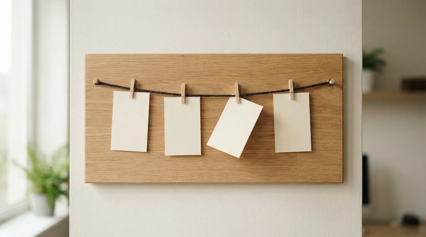 Planning board with four blank index cards pegged along a stretched cord