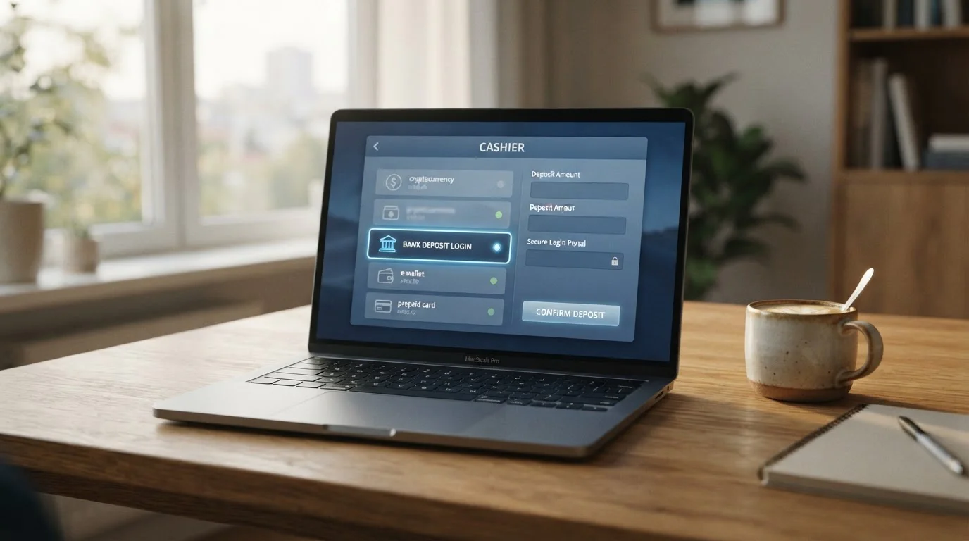 Laptop showing a UK casino cashier with a bank-login deposit option selected among payment methods