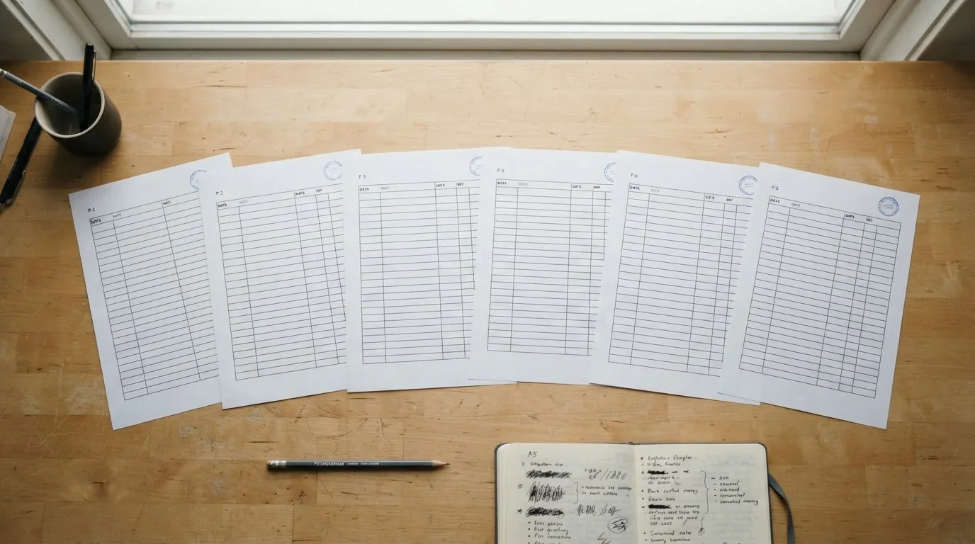 Printed comparison pages fanned out on a desk beside a notebook and pencil