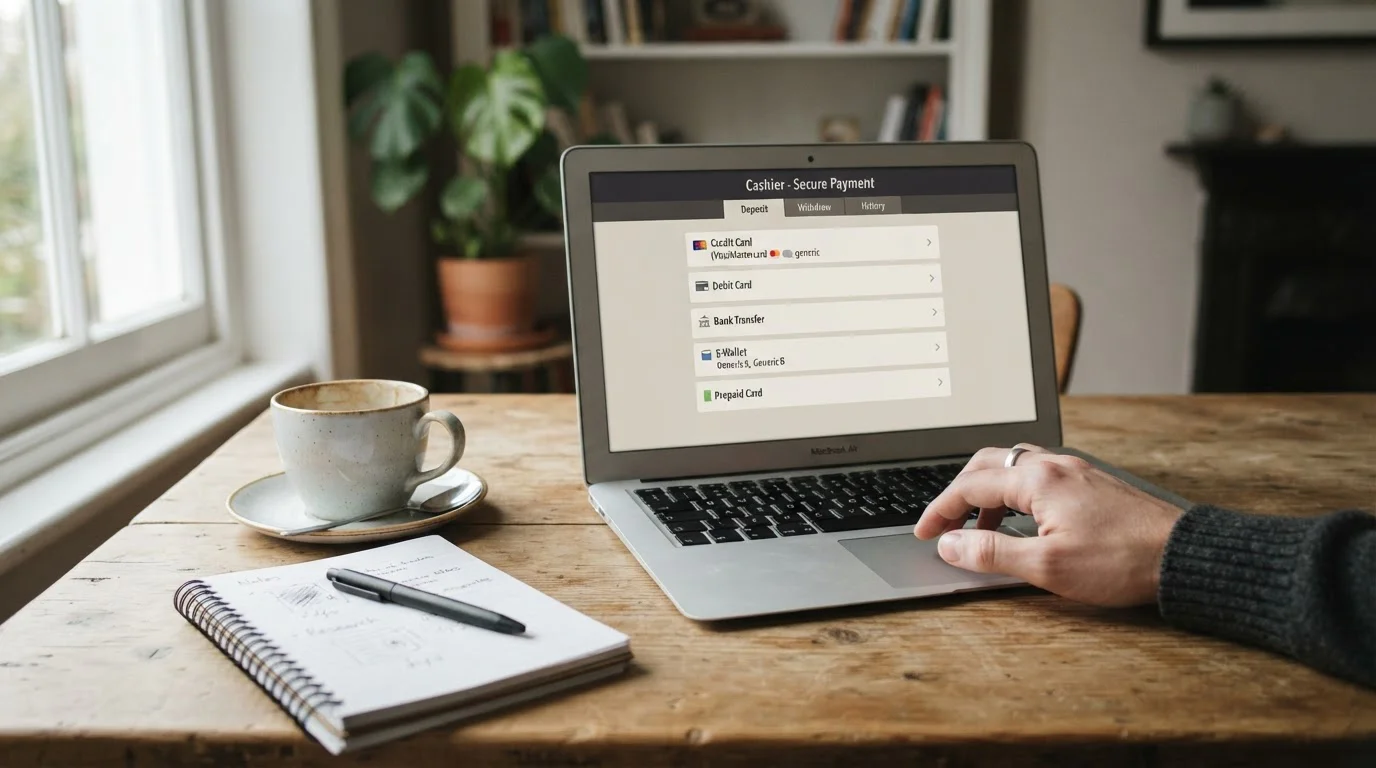 Hand hovering over a laptop comparing UK-licensed online casino cashiers