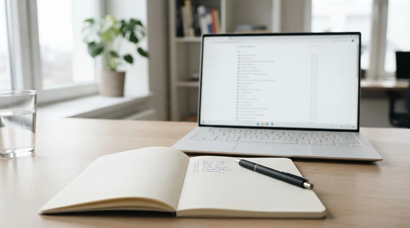 Desk with a notepad listing operator names beside an open laptop on a licence register page