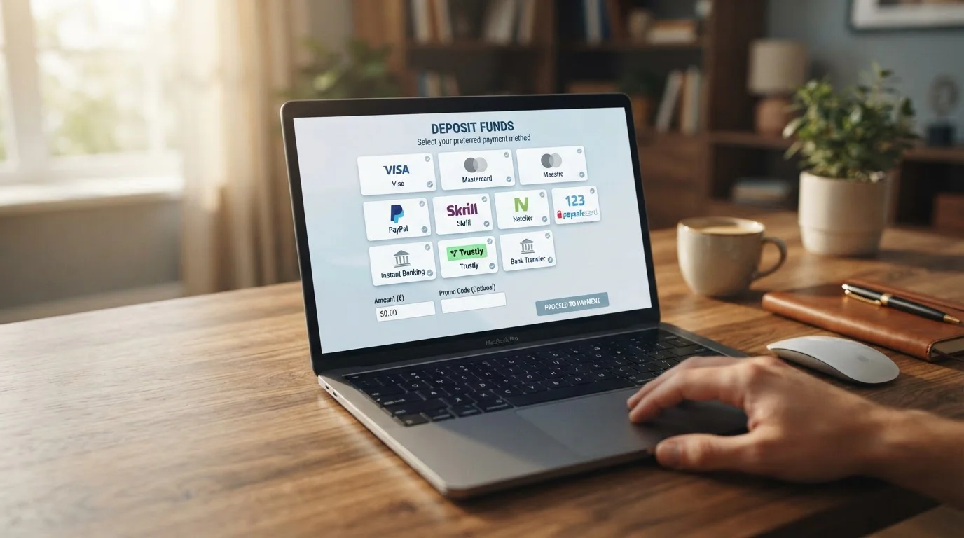 Laptop screen displaying modern casino cashier page with multiple payment method icons