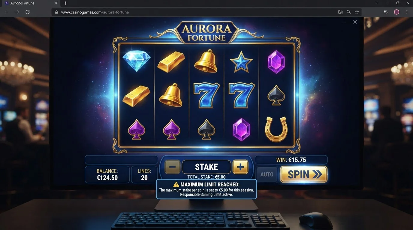 Online slot machine interface showing £5 maximum stake limit notice for UK players