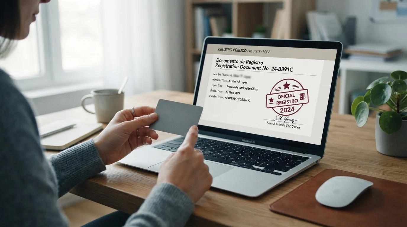 Hands holding a payment card beside a laptop showing an official financial regulator register page