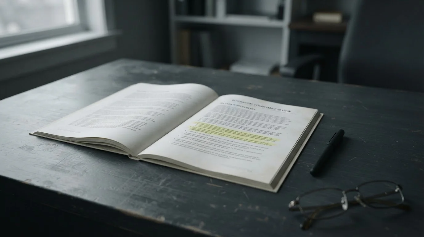 Printed licence conditions document with a highlighted clause on a desk