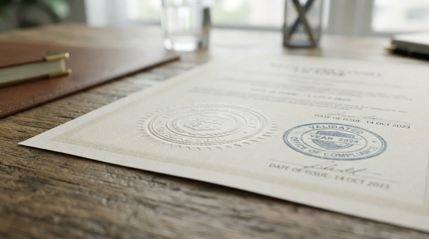 Close-up of an official regulatory licence document with an embossed seal on a desk