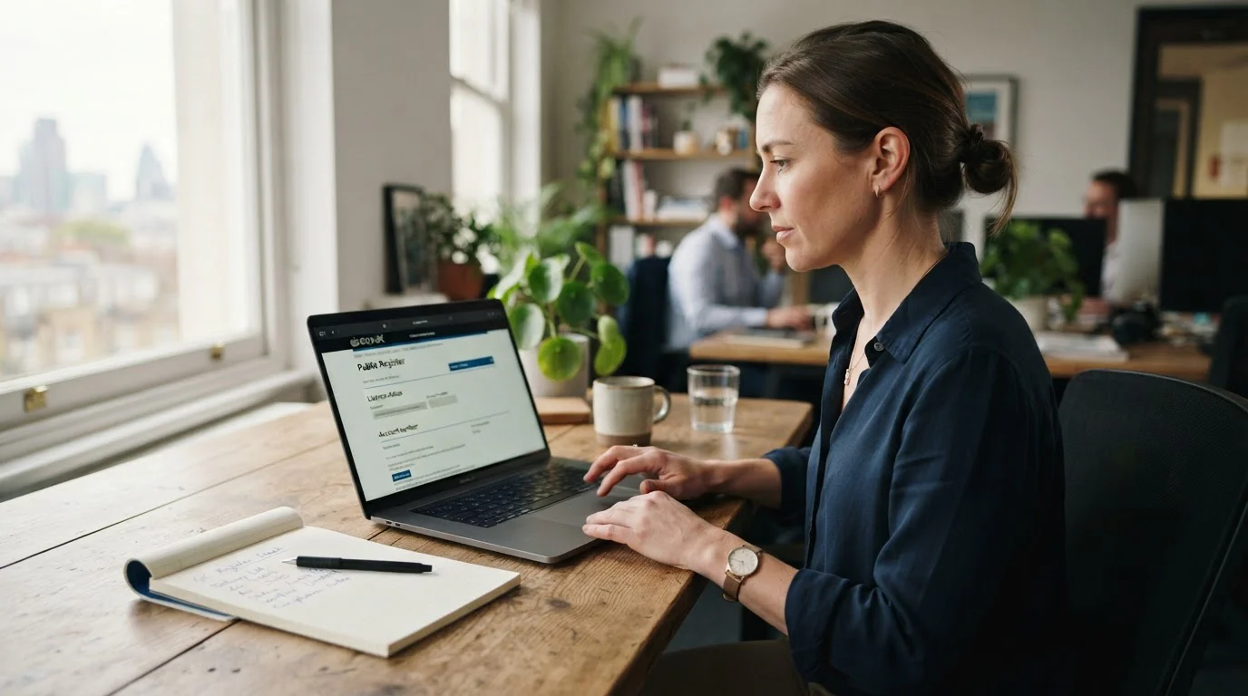 Person checking UKGC licence verification on laptop with official register