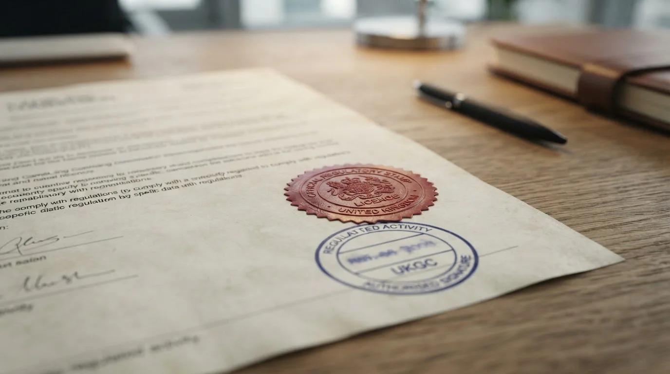 Close-up of UKGC licence document with official stamp and regulatory seal