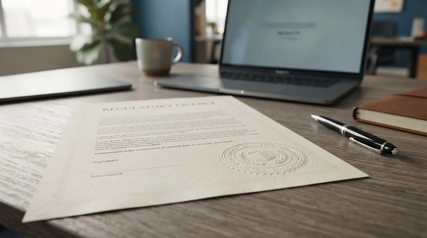 Close-up of a UK Gambling Commission licence document with an official seal on an office desk