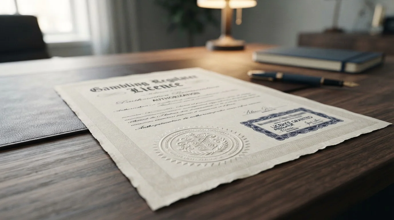 Close-up of an official gambling regulator licence document with an embossed seal on a desk