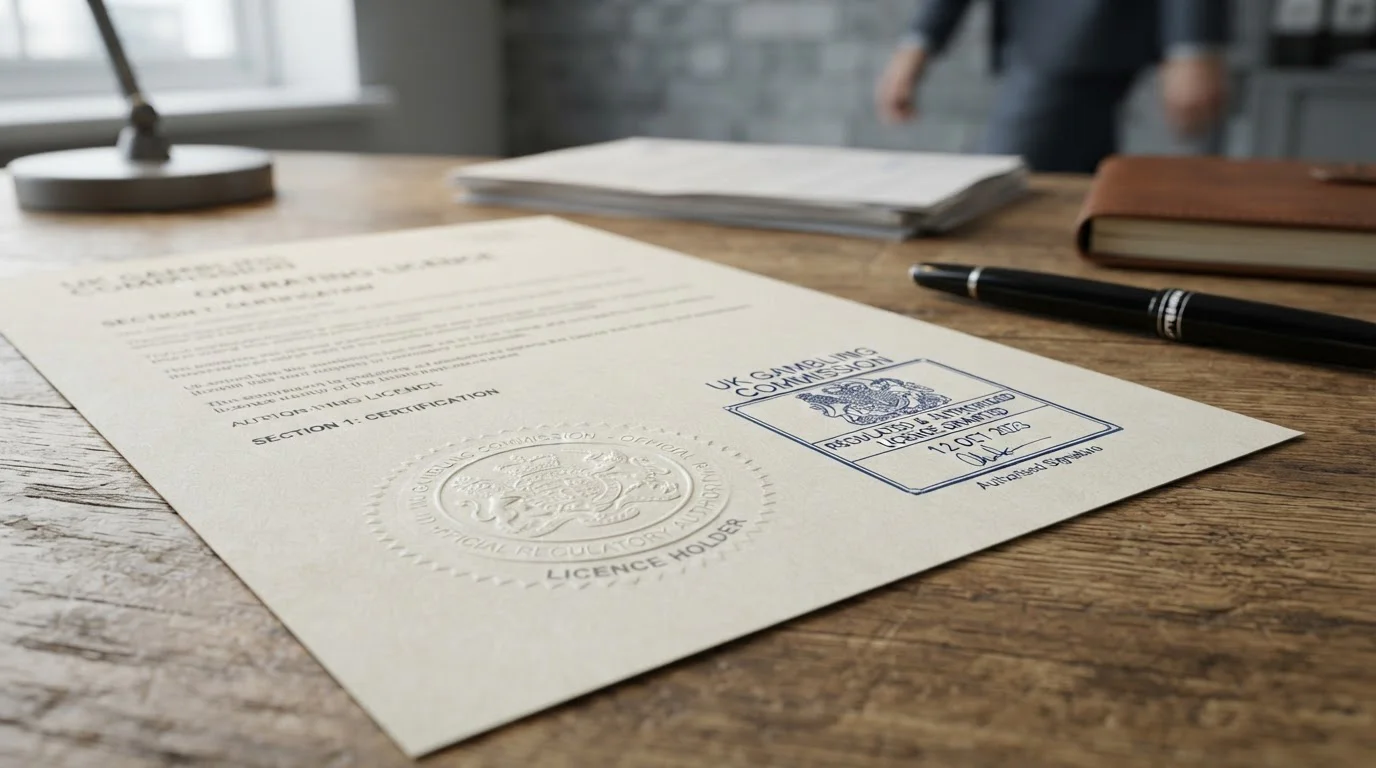 Close-up of an official UK Gambling Commission licence document with a regulatory seal and no readable text